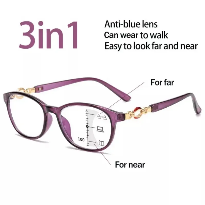 FG New 3 in 1 Progressive Multifocal Reading Glasses For Women Anti-blue Eyeglasses Easy To Look Far and Near +1.0 To +4.0