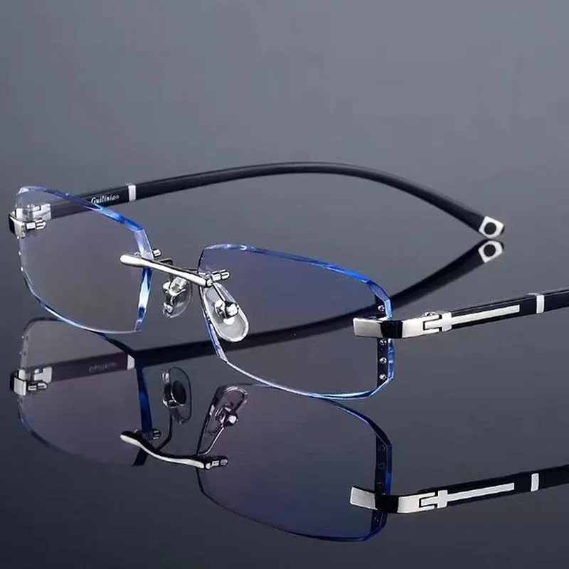 New Anti Blue Light Business Reading Glasses Rectangular Cut Edge Rimless Presbyopic Eyeglasses For Women Men Reader Eyewear