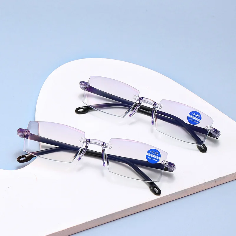 Square Myopia Glasses Women Men Fashionable Frameless Edge Cut Finished Products Prescription Eyeglasses 0 To -6.0